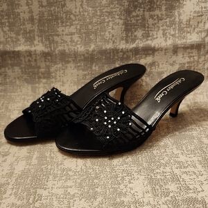 Coldwater Creek Black Floral Crochet Slip-On Kitten Heeled Sandals Sz 6 1/2M